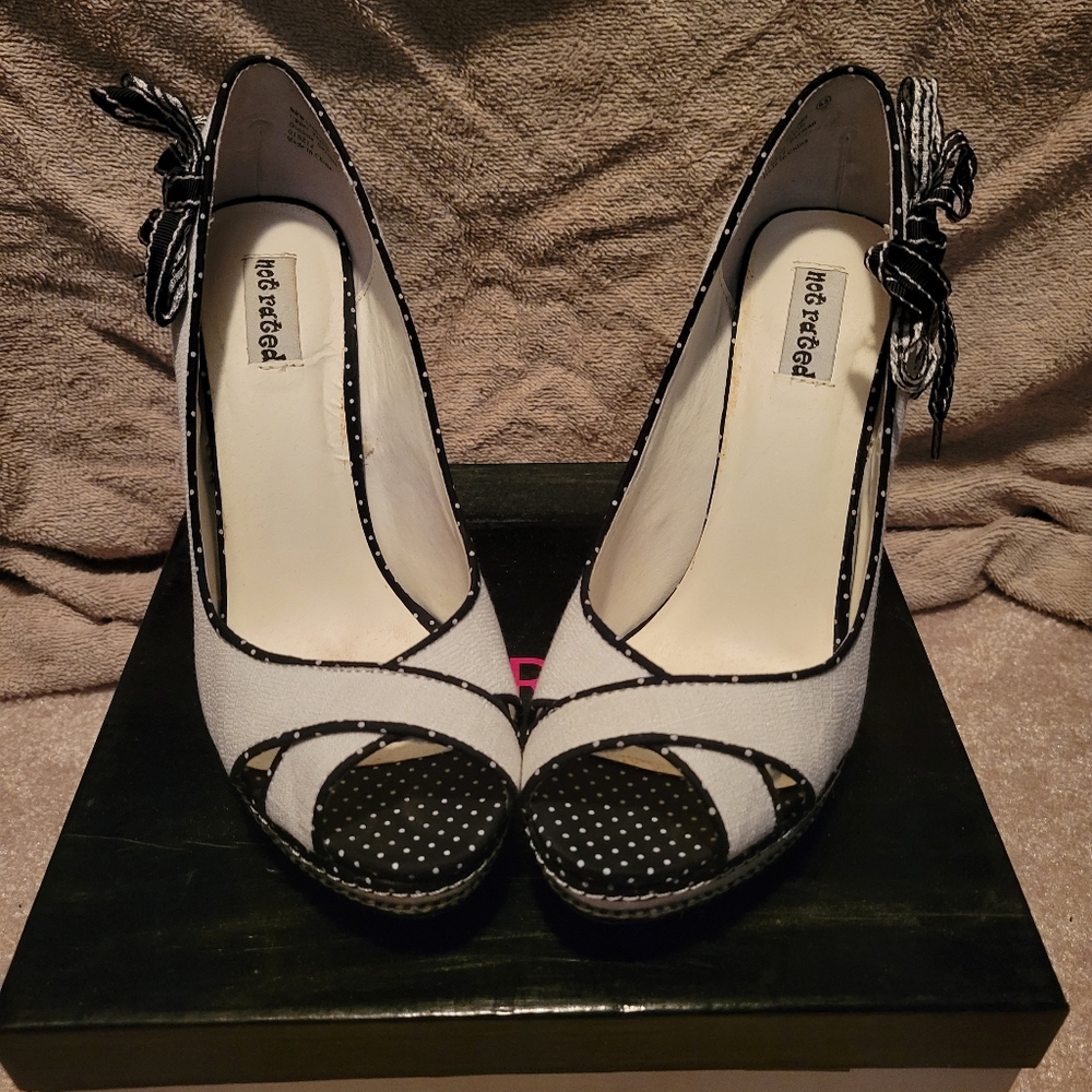 White and black peek toe heels
